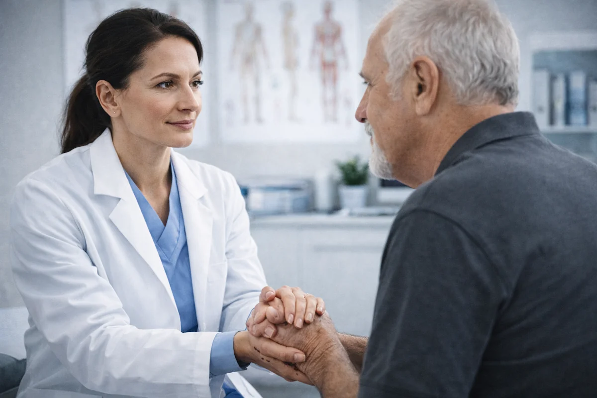 médica segurando a mão do paciente e escutando suas demandas