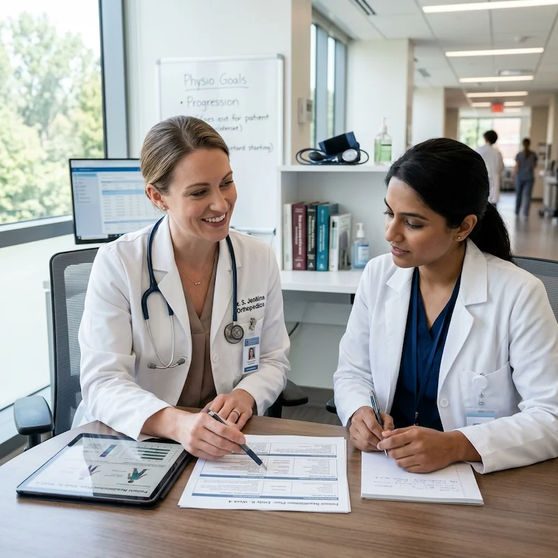 Médica fisiatra conversando e planejando a reabilitação com a equipe e o paciente