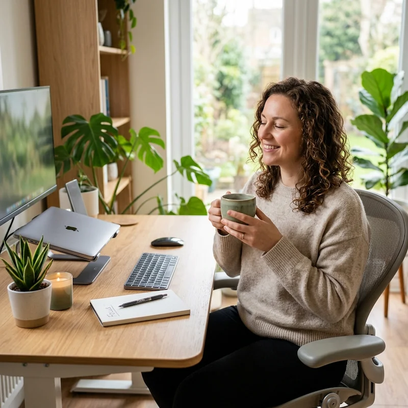 Pessoa fazendo uma pausa estratégica no home office com uma xícara de chá