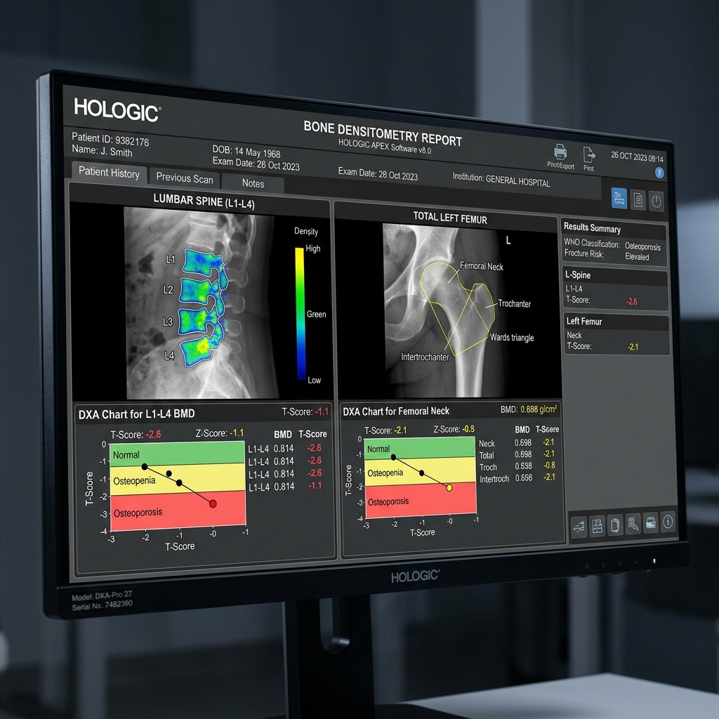 Exame de densitometria óssea mostrando a coluna e o fêmur