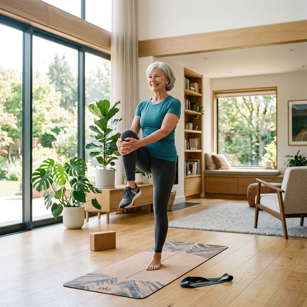 Pessoa idosa praticando exercícios de fortalecimento e equilíbrio